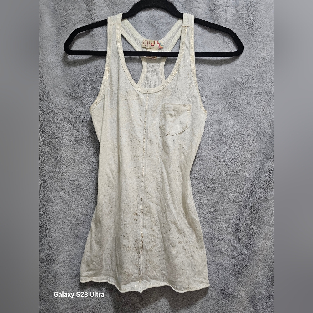 Y2K OP Racerback Tank Top White With Gold Shimmer Size M